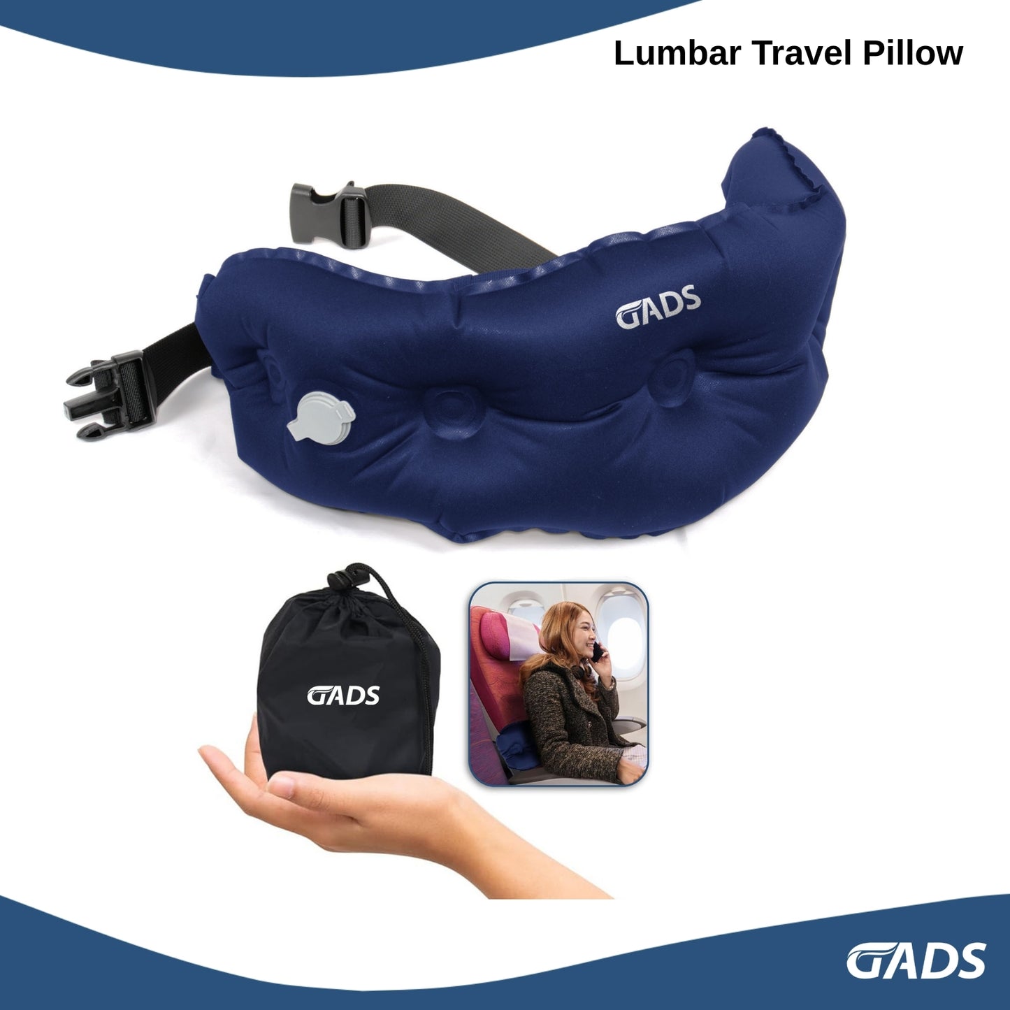 GADS Medical Inflatable Lumbar Travel Pillow for Airplane, Car, Office - Compact Back Support - Portable, Adjustable Strap - Small Lumbar Pillow for Travel, Easy Storage